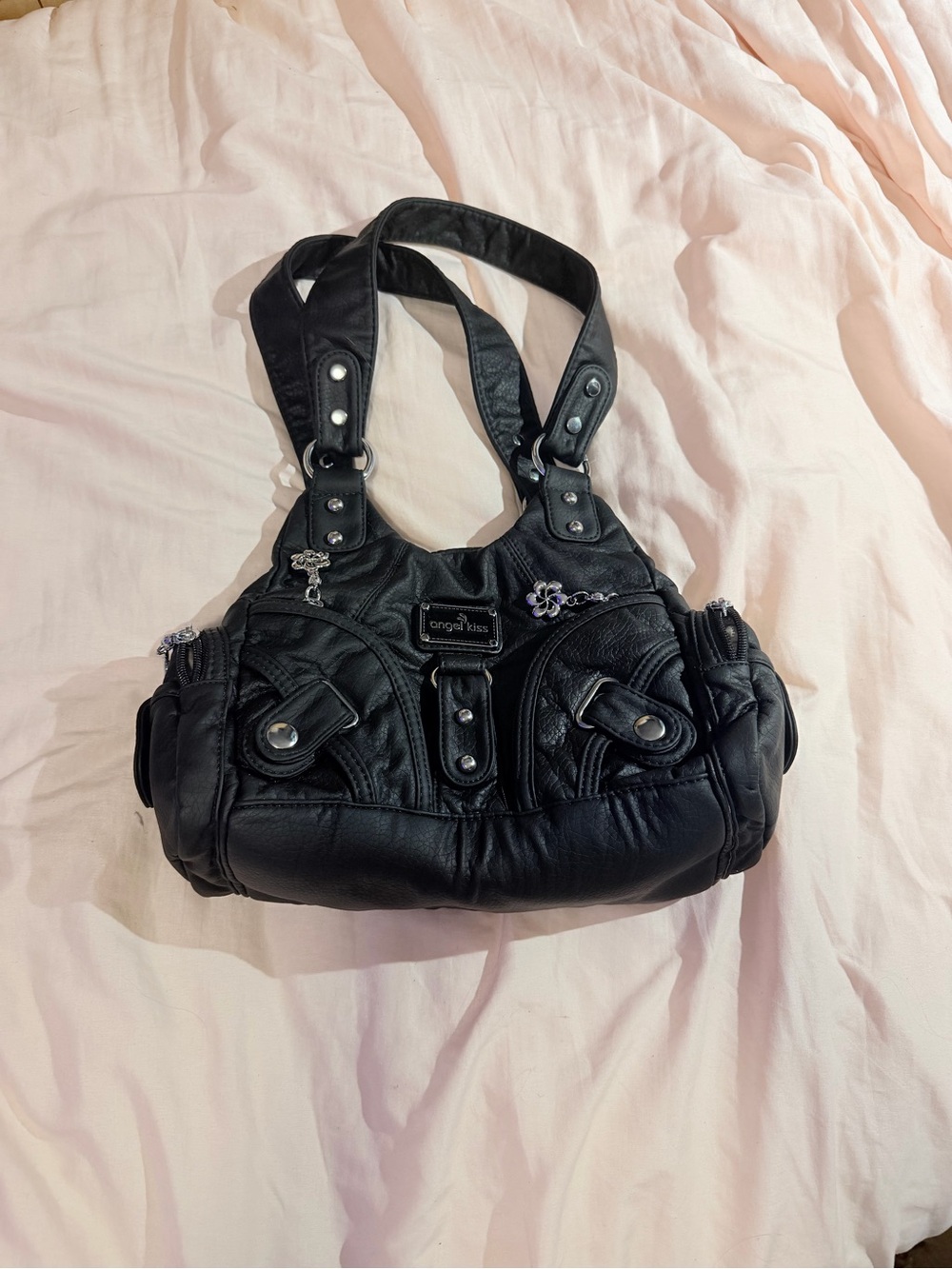 Angel Kiss Black Shoulder Bag with Silver Accents